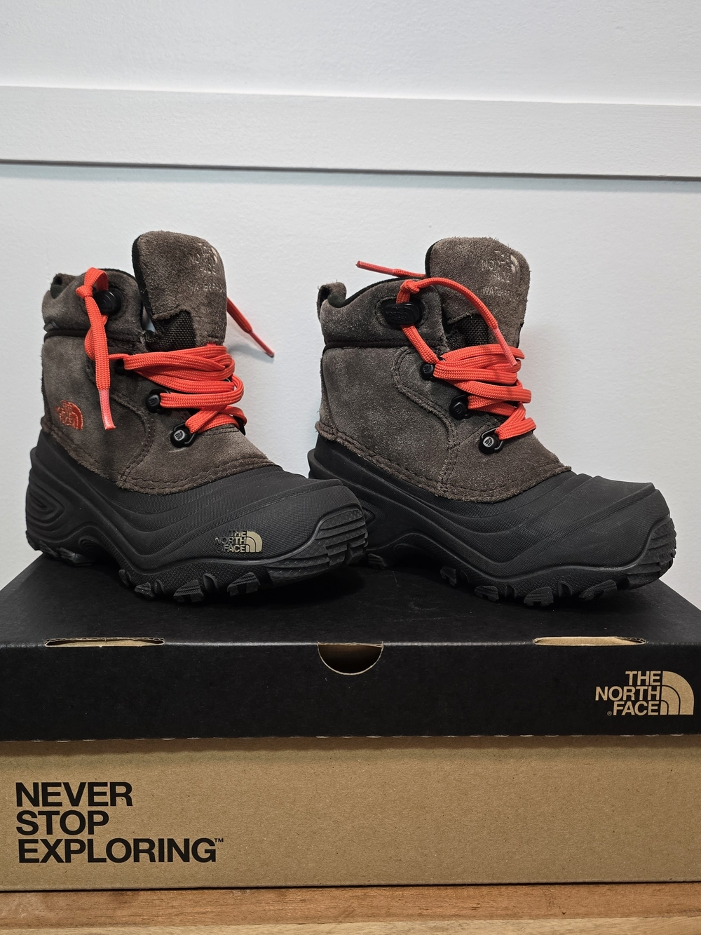 The North Face Kids' Brown Snow Boots with Orange Laces